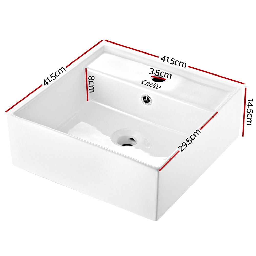White ceramic above counter basin, front view, 41.5cm