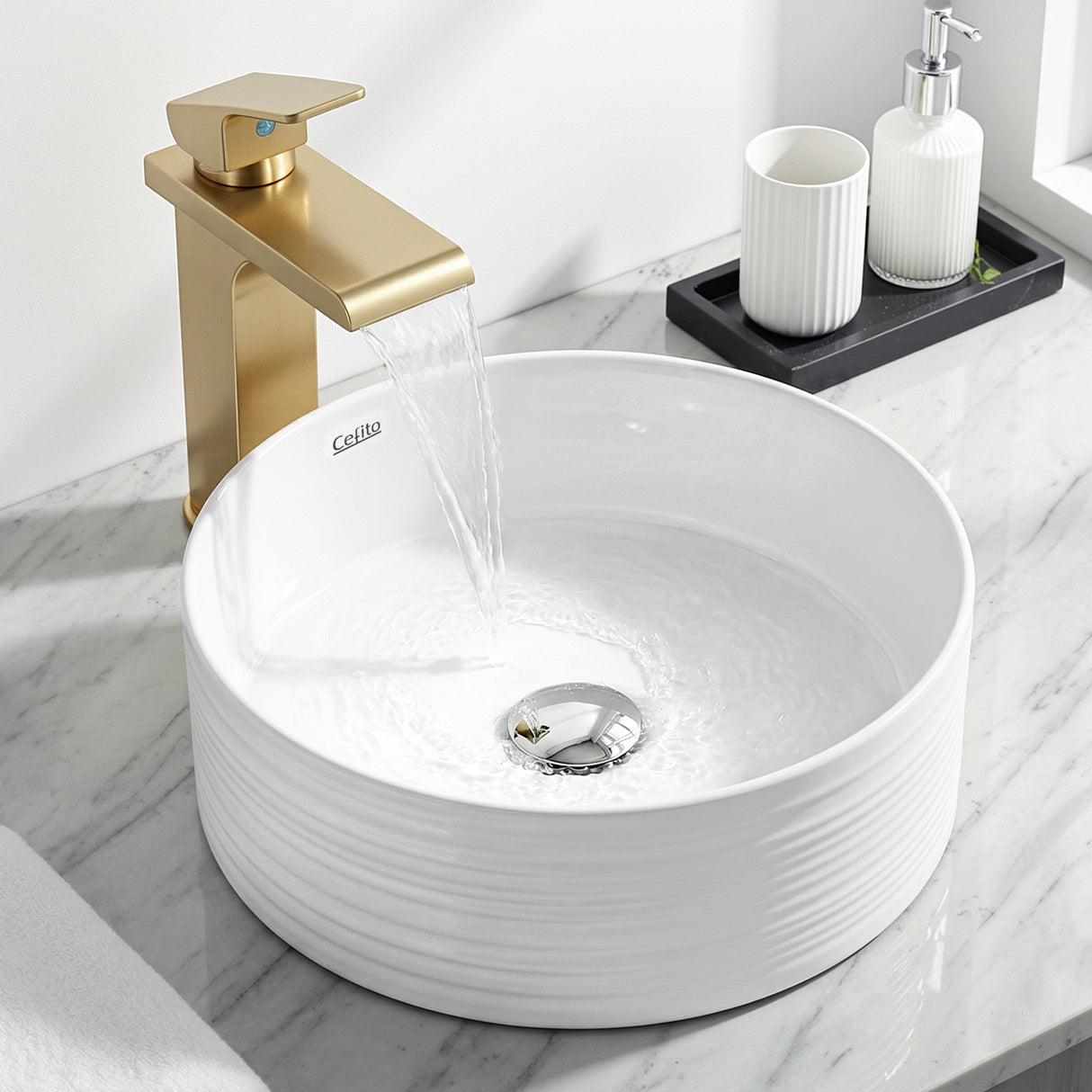 Round ceramic vessel basin in gloss white with ribbed exterior, 36cm above counter basin