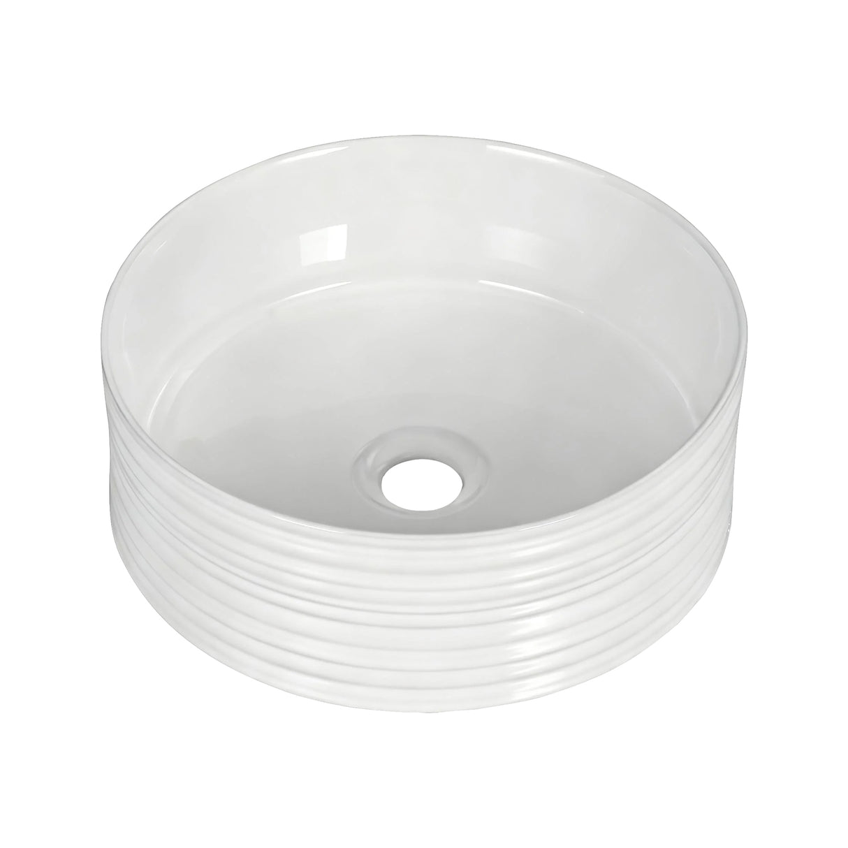 White ribbed round ceramic above counter basin, front view, 36cm