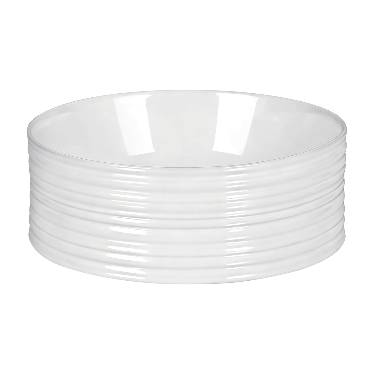 Top view of white round ceramic basin showing centre drain hole, 36cm