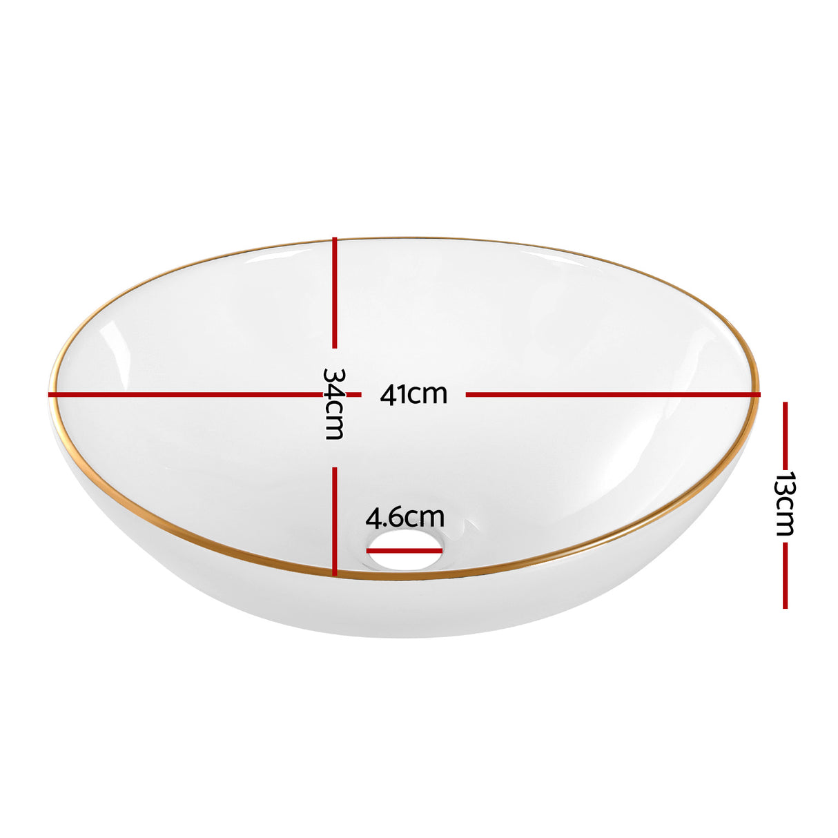White ceramic round basin with gold rim line, front view, 41cm