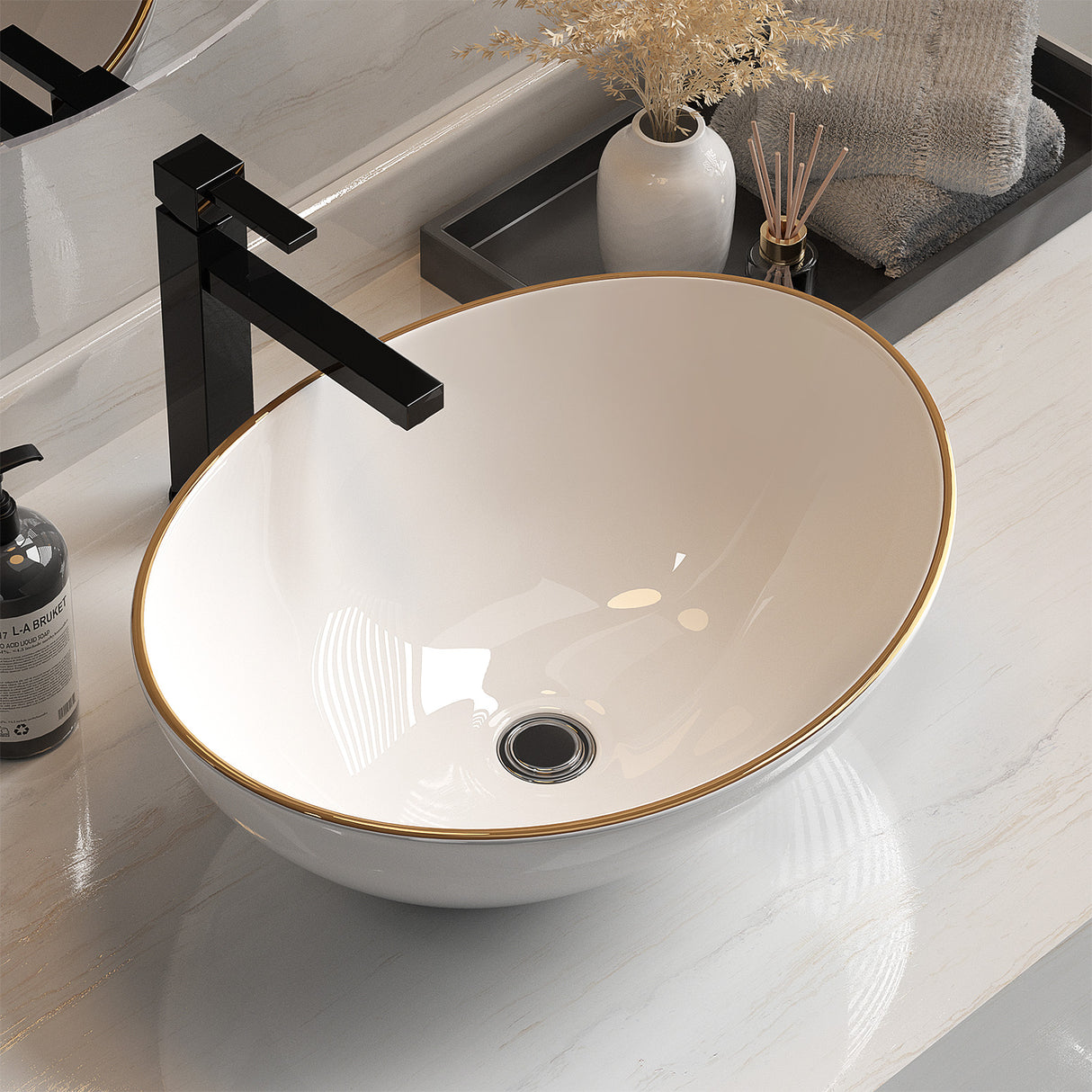 Above counter white and gold round ceramic wash basin, angled view