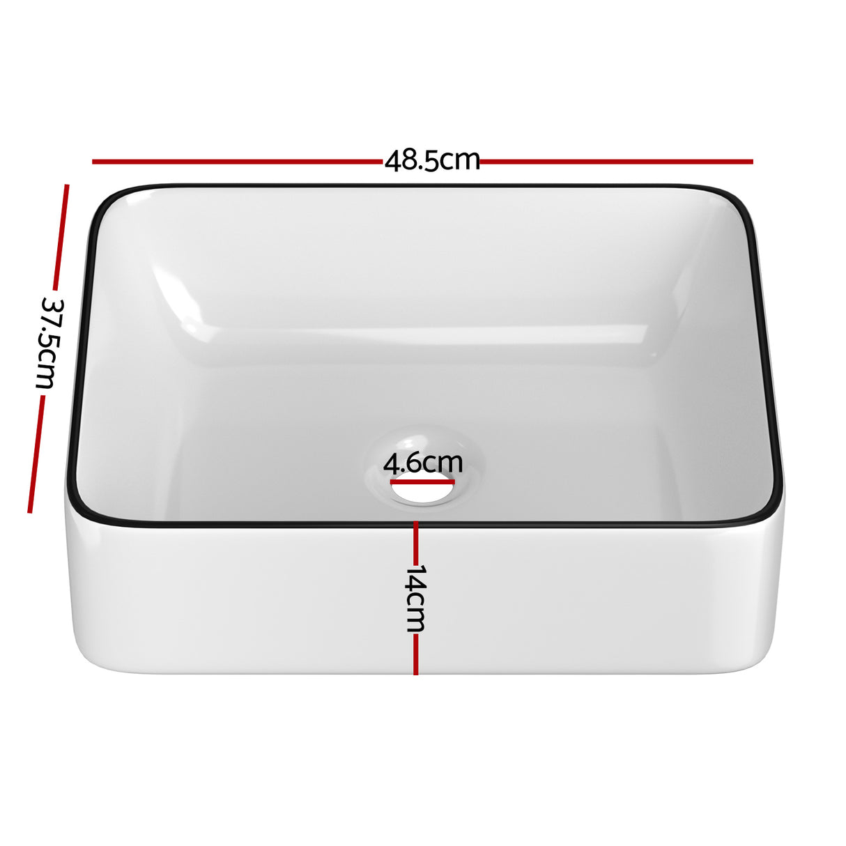 White ceramic above counter basin with black rim line, front view