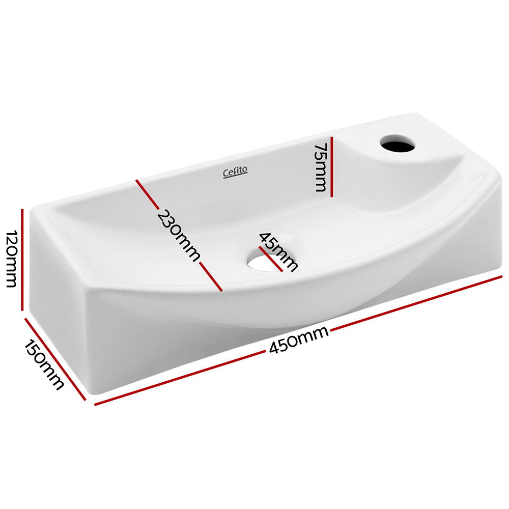 White wall hung ceramic basin, front view, 46x22cm