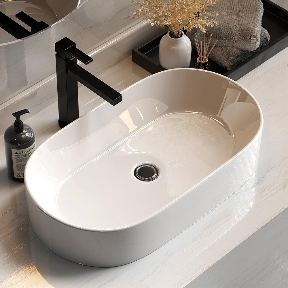 White above counter ceramic wash basin, angled view