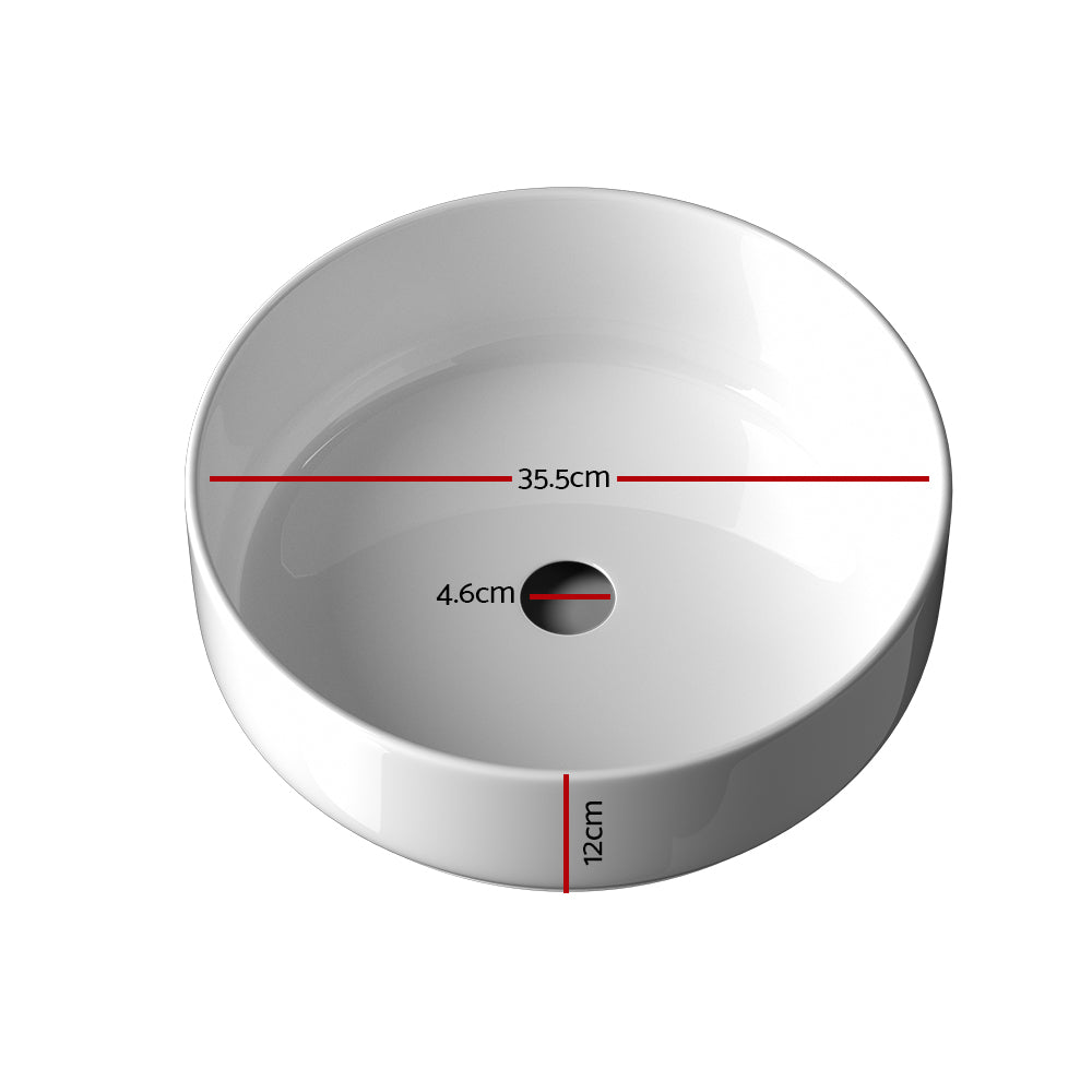White high gloss round ceramic above counter basin, front view, 35.5cm
