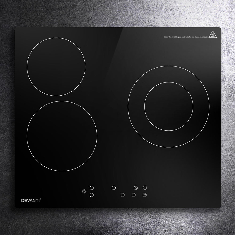 Black 60 cm ceramic cooktop with three burners and touch controls