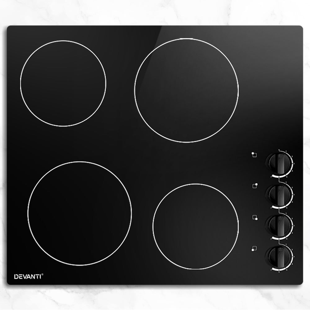 Black 60 cm ceramic cooktop with four zones and side knobs, top view