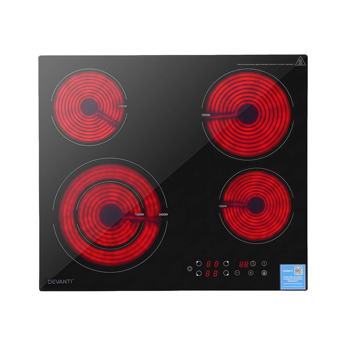 Dual ring cooking zone glowing on the black ceramic glass surface