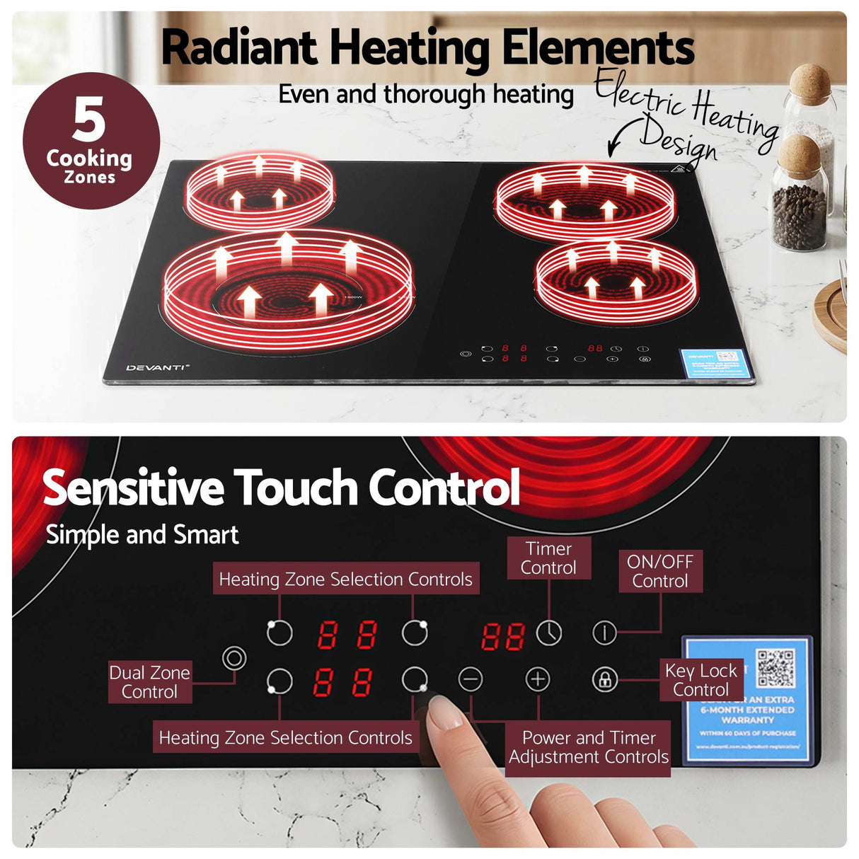 Ceramic cooktop installed flush in a kitchen benchtop