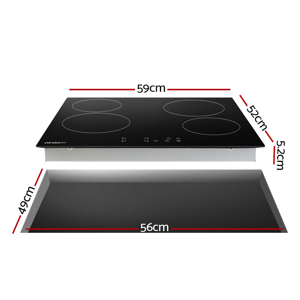 Four cooking zone markings on the black ceramic glass surface