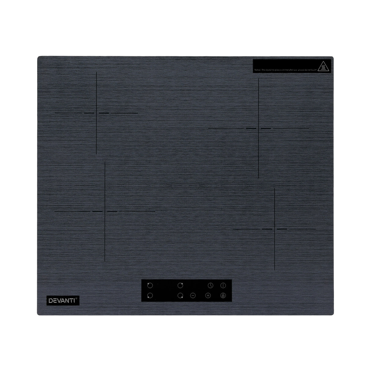 Grey ceramic cooktop installed flush in a kitchen benchtop