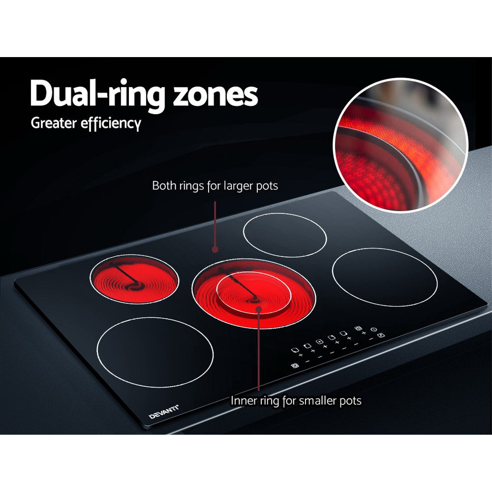 Several pans cooking across the 8200 W ceramic cooktop