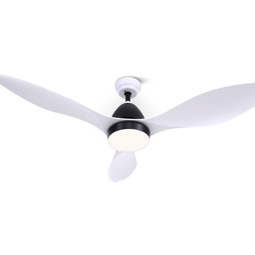 White ceiling fan installed in a living room ceiling
