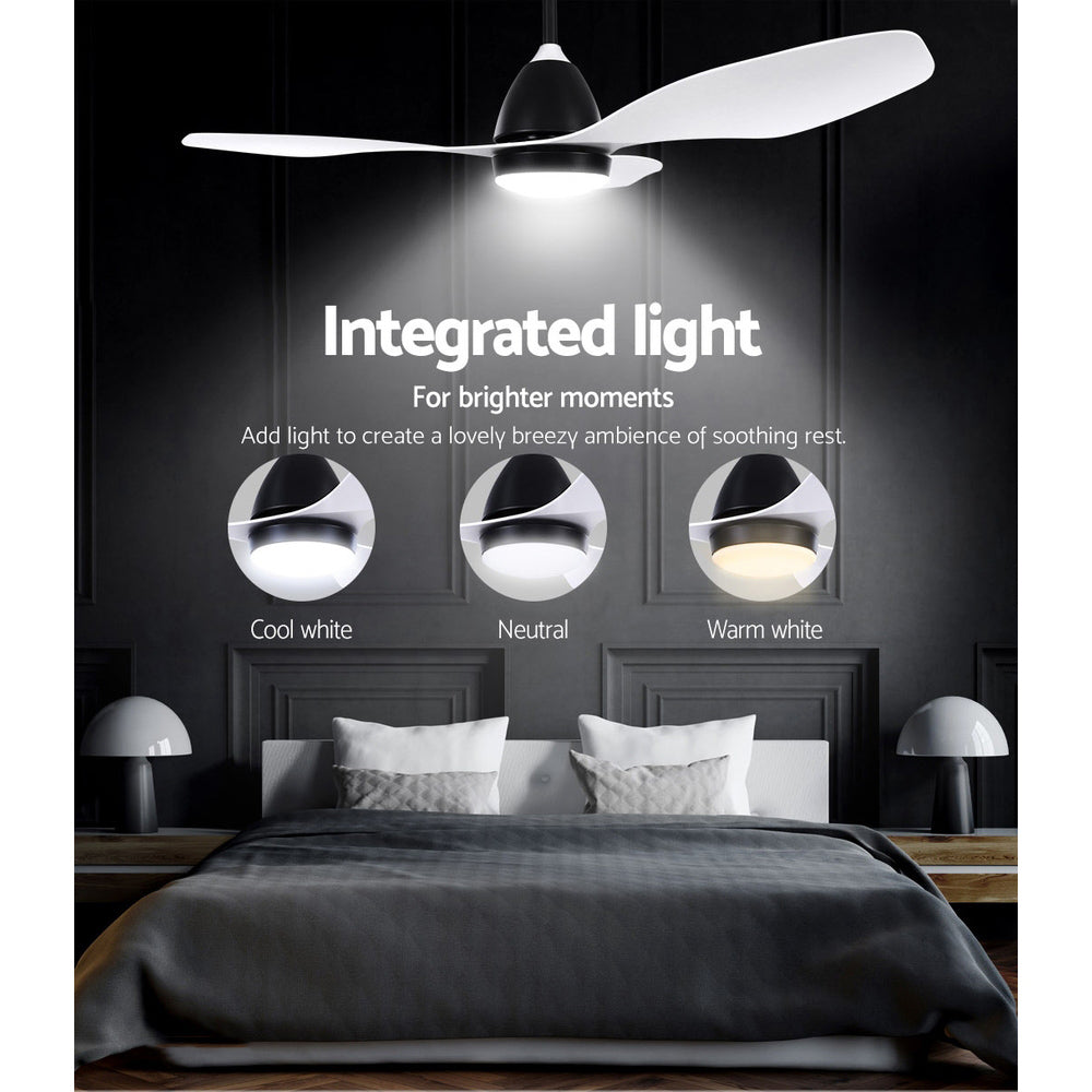 Underside of the white ceiling fan showing central LED light panel