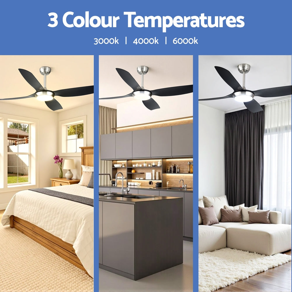 LED light of the black ceiling fan showing three colour temperatures
