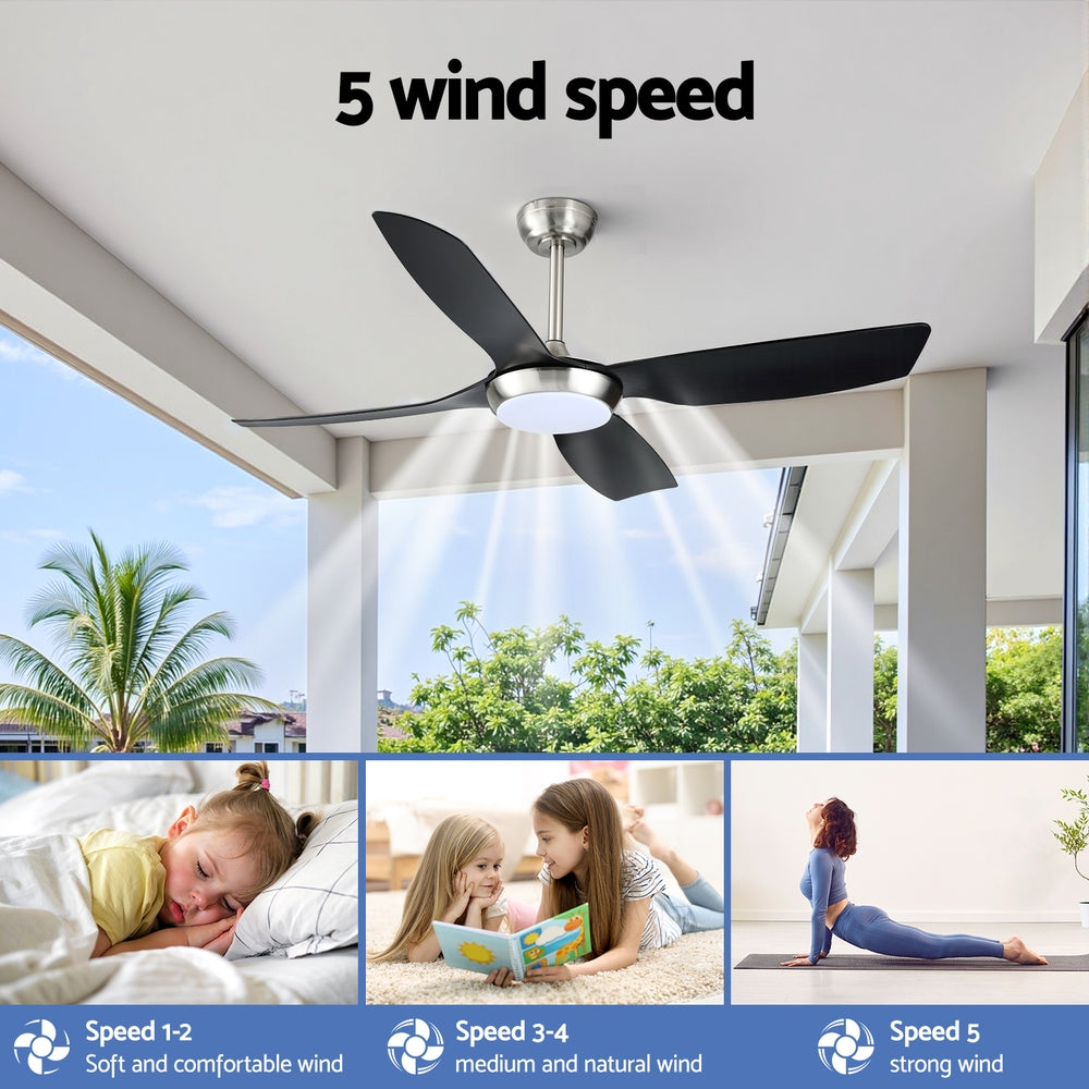 Black ceiling fan installed in an undercover outdoor area