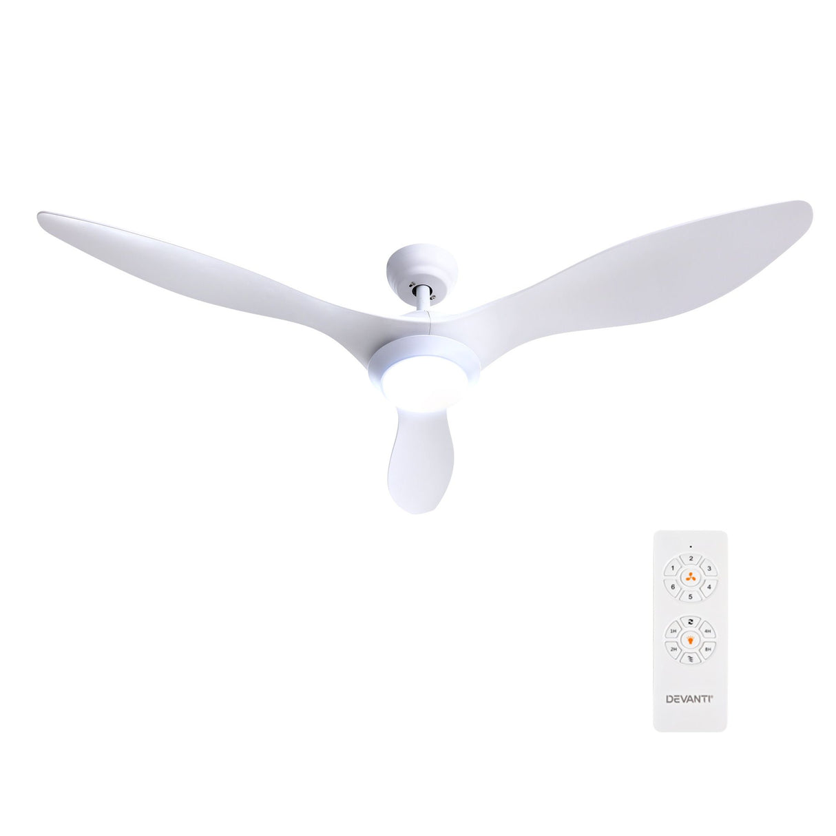 White ceiling fan shown with extension rod and mounting hardware