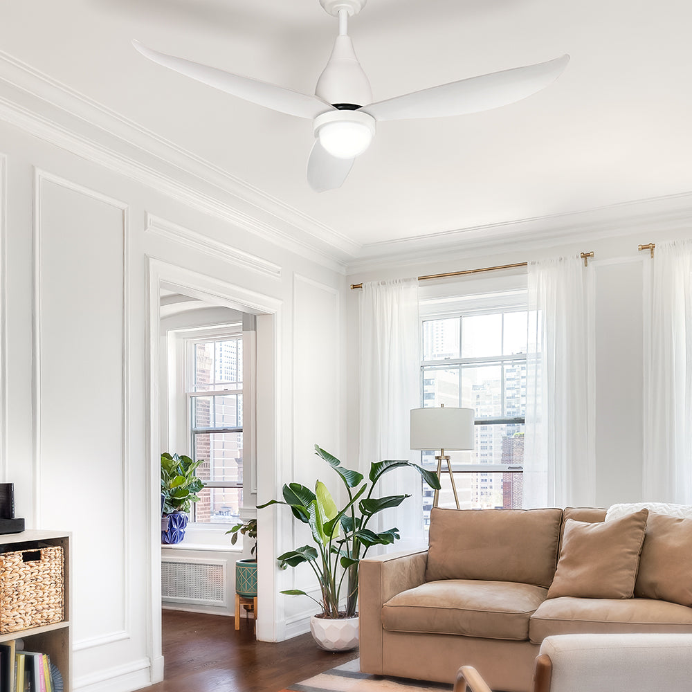 White 132 cm three blade ceiling fan with DC motor and LED light