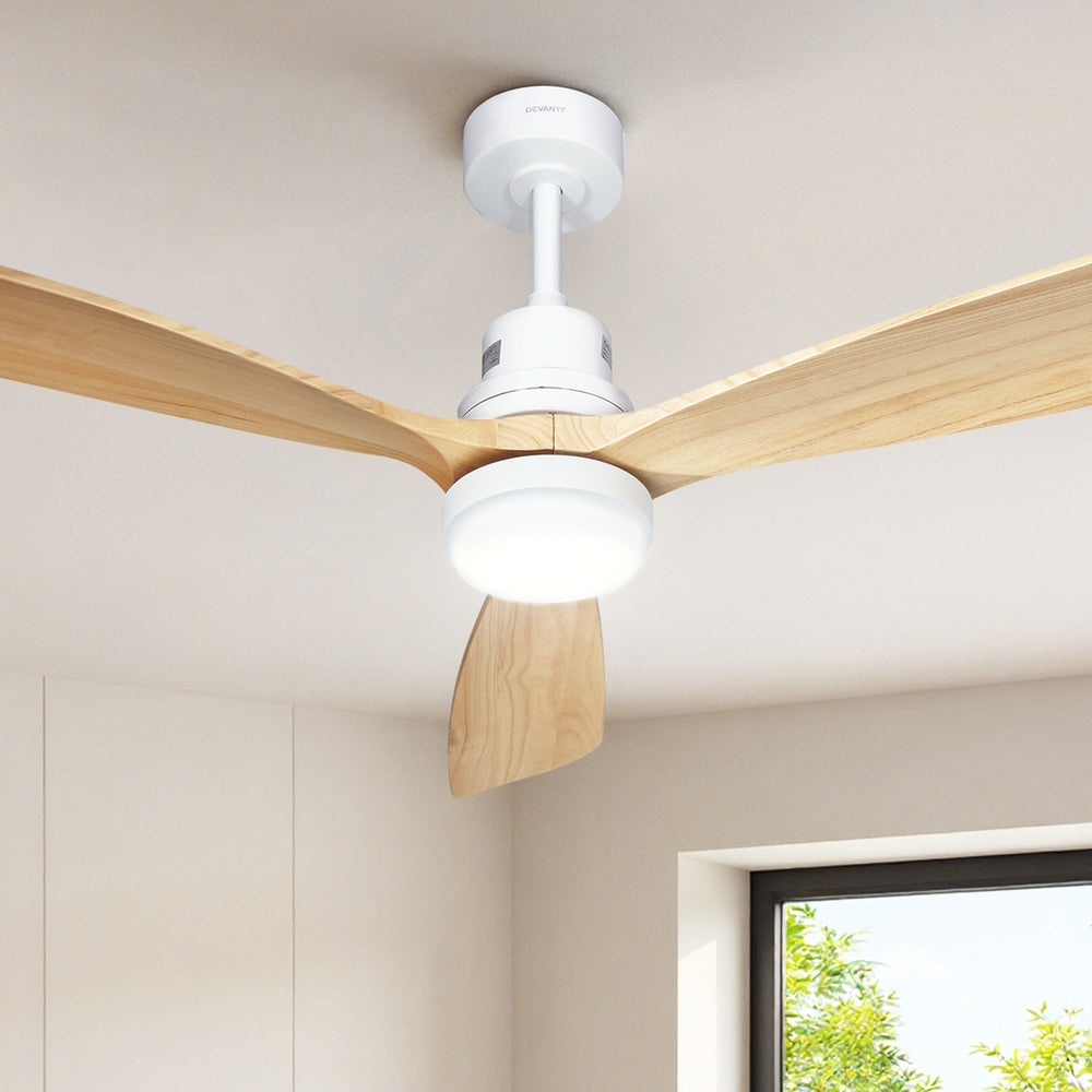 132 cm DC motor ceiling fan with three light wood blades and LED light