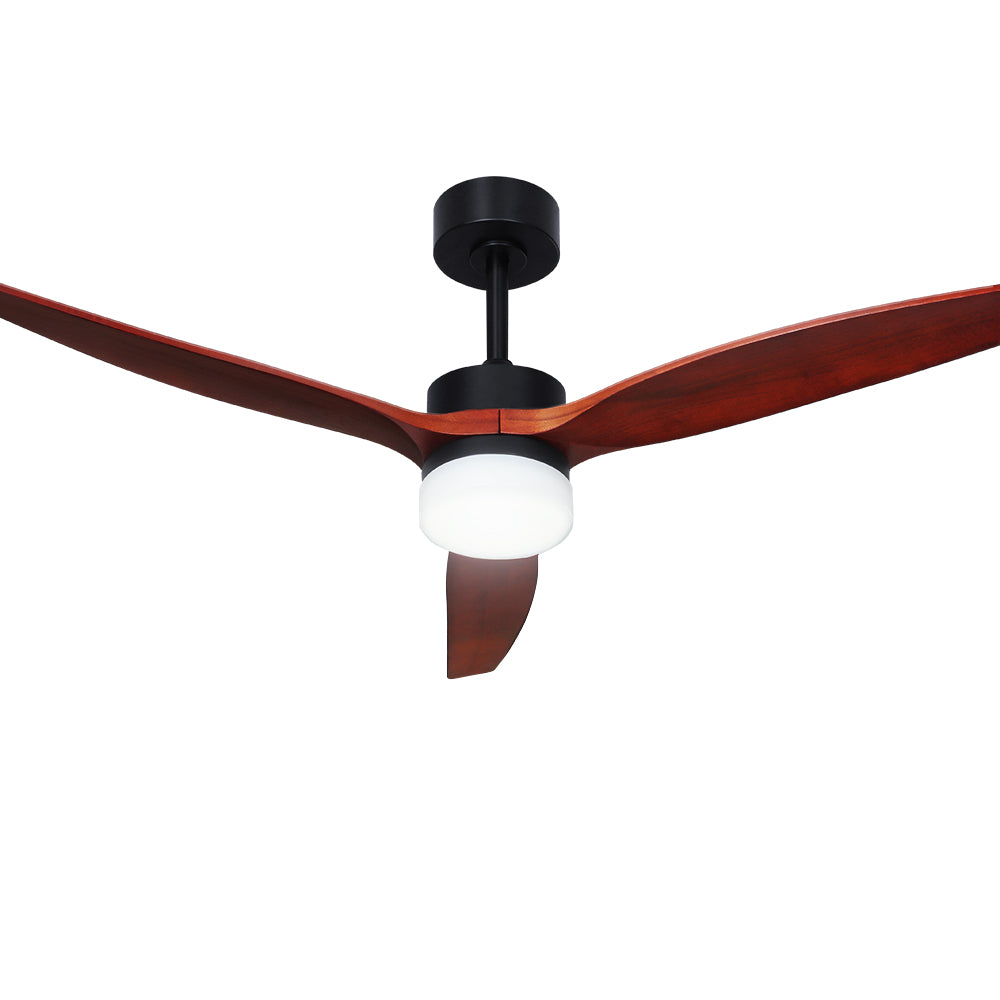 Underside of the dark wood ceiling fan showing LED light panel