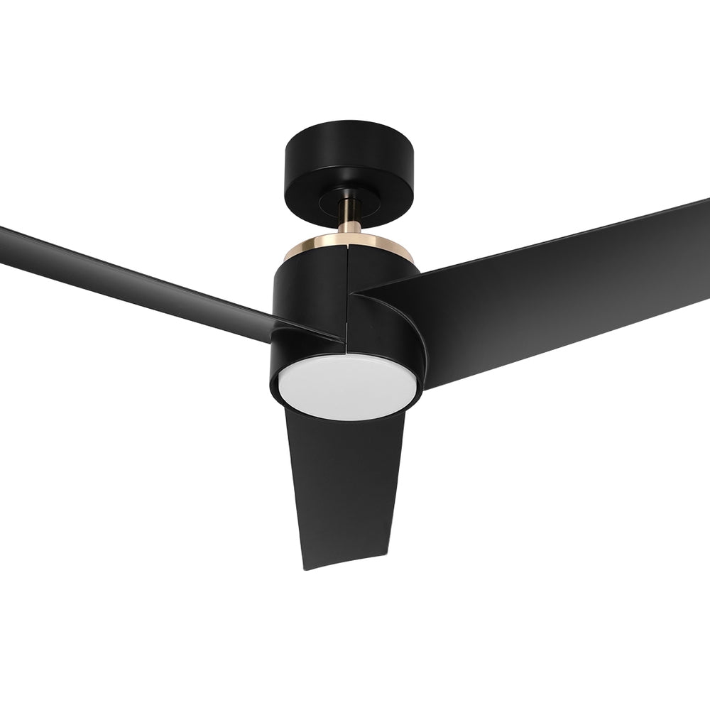 Black ceiling fan installed in a bedroom ceiling