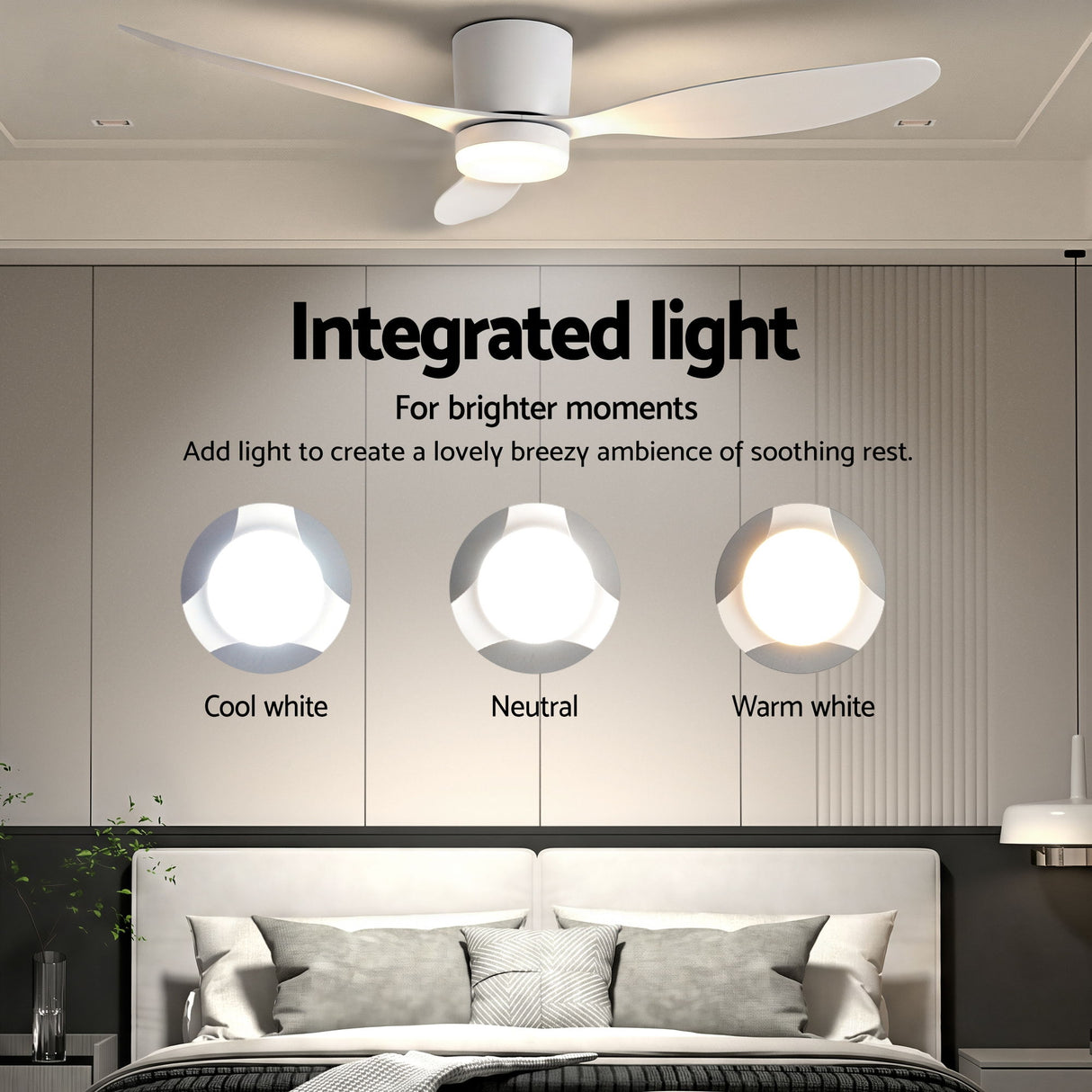 Ceiling fan LED light shown in three colour temperature settings