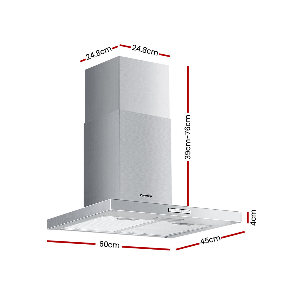 Front view of the silver stainless steel 600 mm rangehood showing the control panel