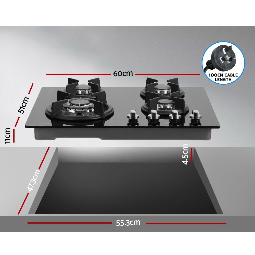 Gas cooktop installed in a kitchen benchtop with pots on the burners
