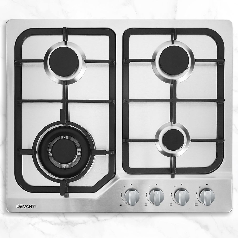 60 cm stainless steel gas cooktop with four burners and cast iron grates