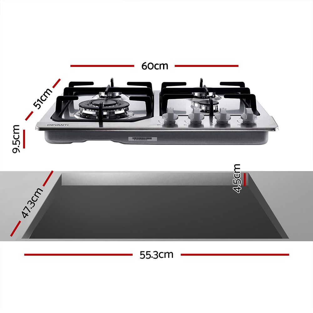 Silver gas cooktop installed in a kitchen benchtop with pots on the burners