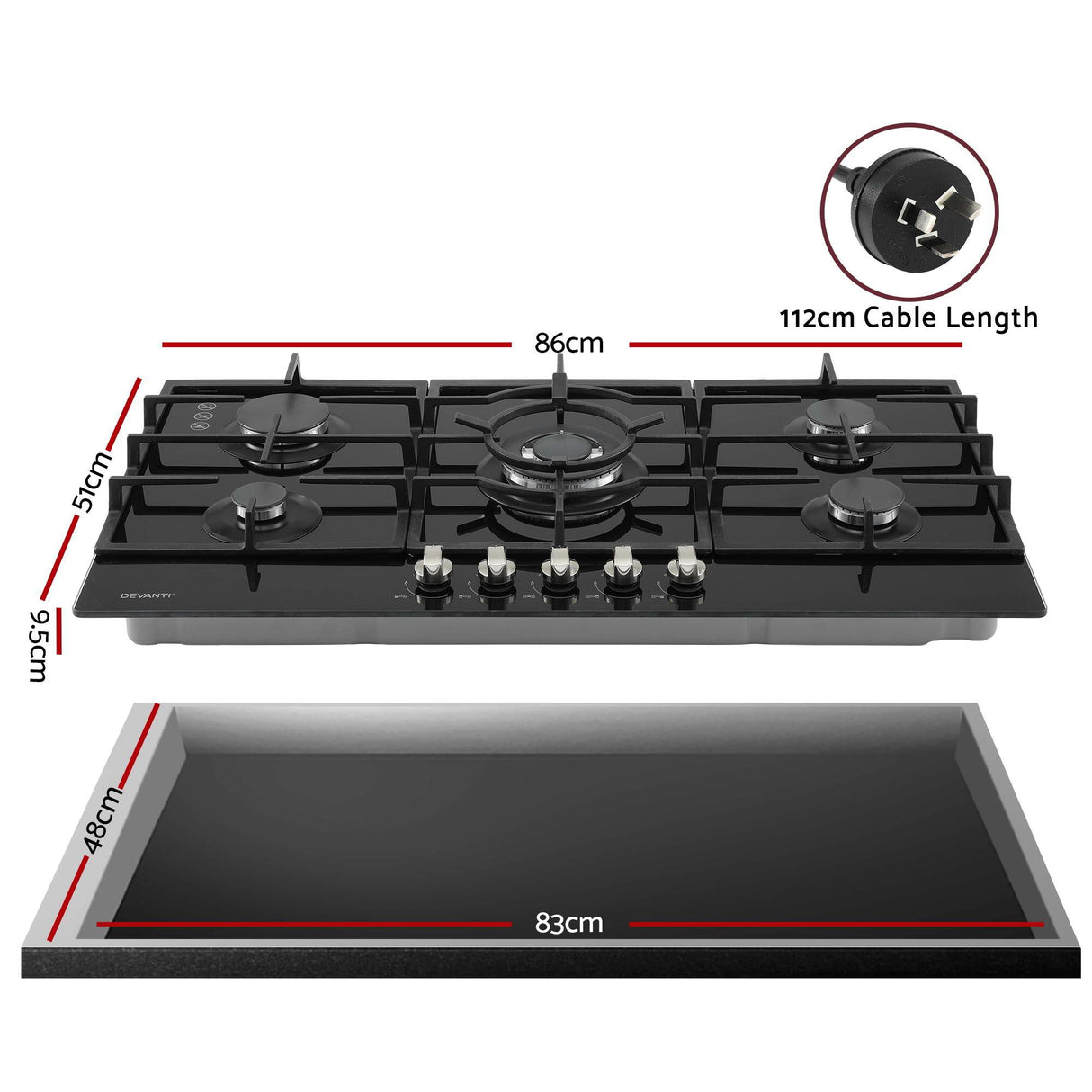 Black glass gas cooktop shown at an angle with cast iron pan supports