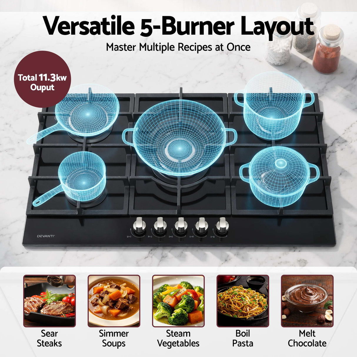 Control knobs across the front of the black glass cooktop