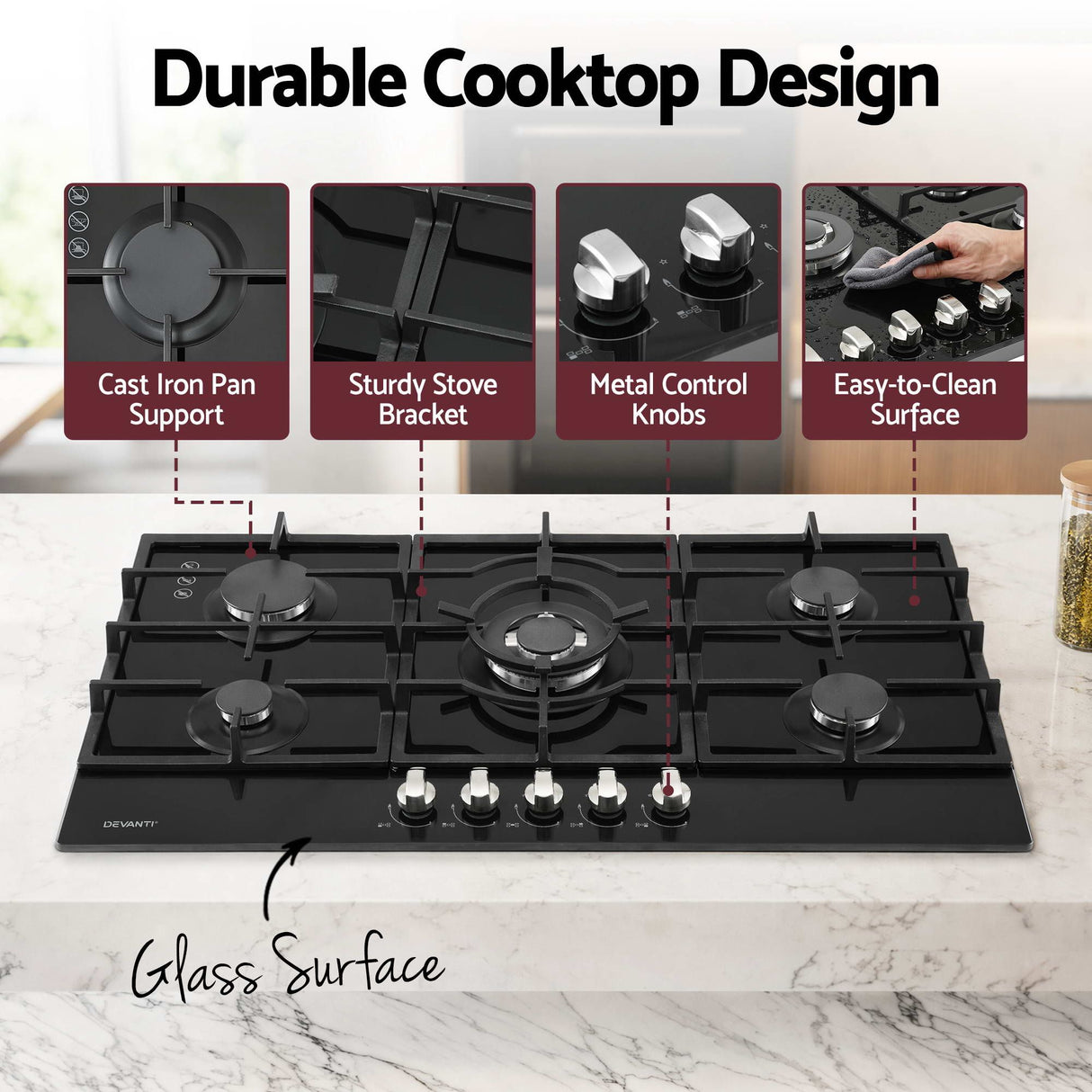Burners lit on the 90 cm black tempered glass gas cooktop