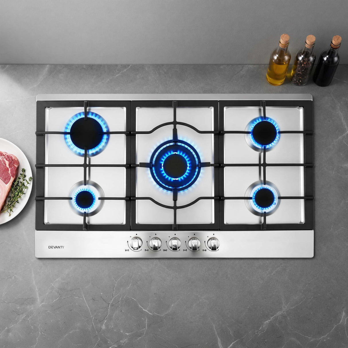 90 cm stainless steel five burner gas cooktop, top view
