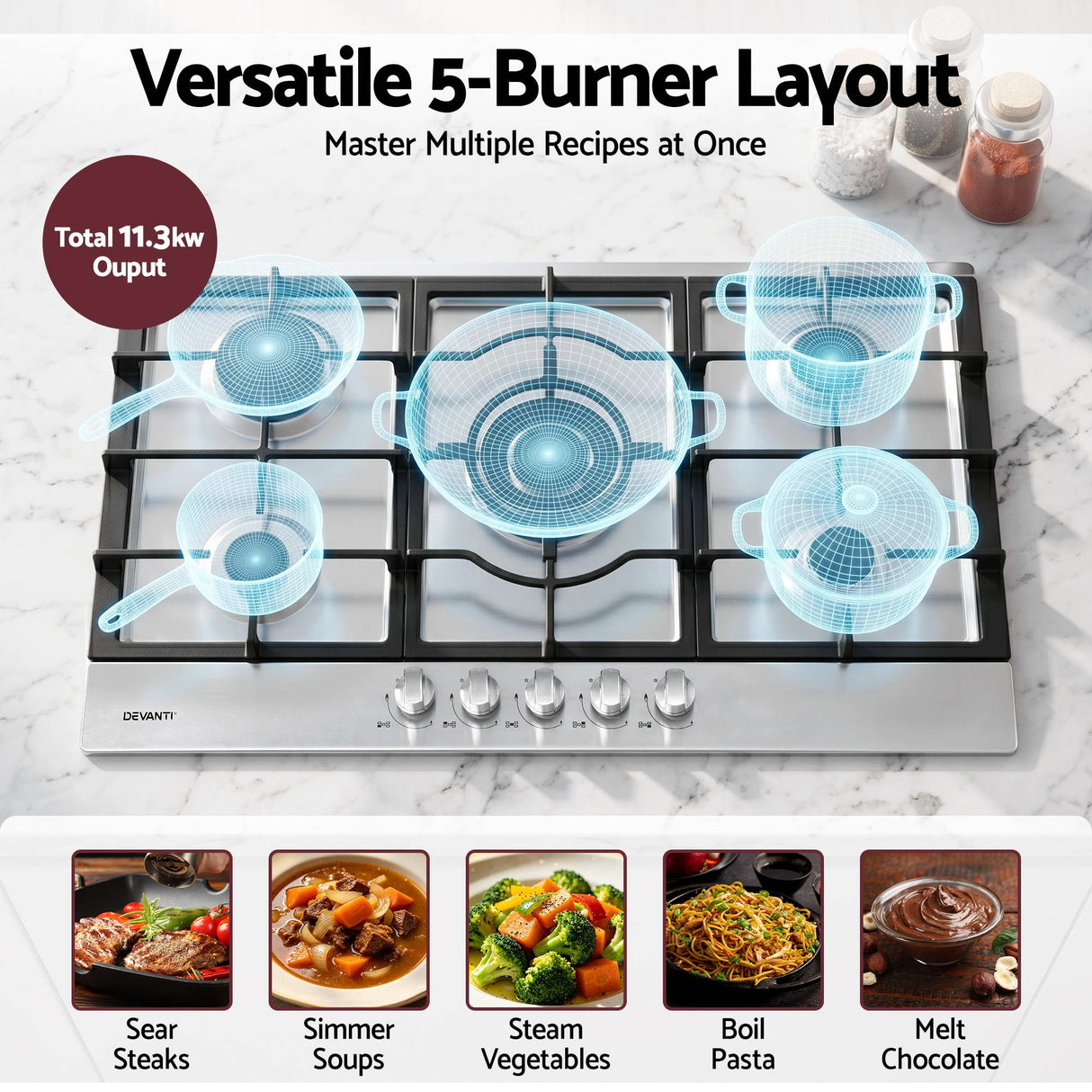 Control knobs across the front of the stainless steel cooktop