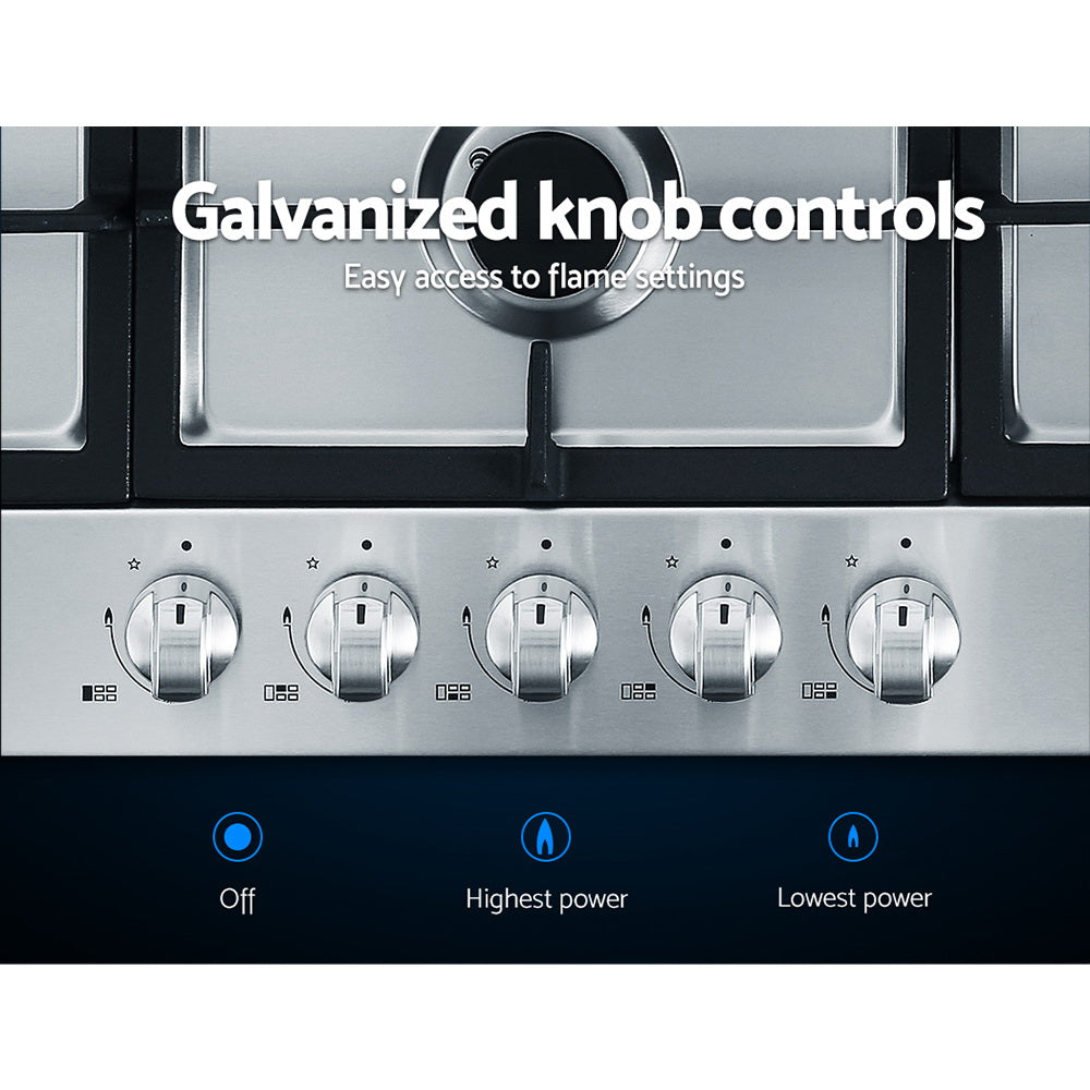Galvanised knob controls along the front of the 90 cm stainless steel cooktop