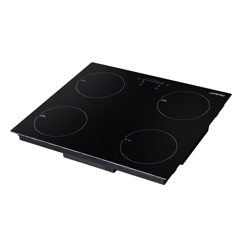 Top view of four 18 cm induction cooking zones on the black glass plate