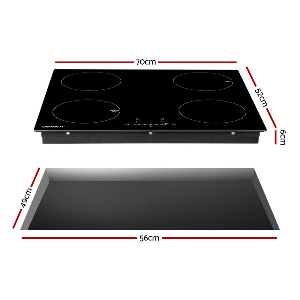 Induction cooktop built into a kitchen benchtop with pans on two zones