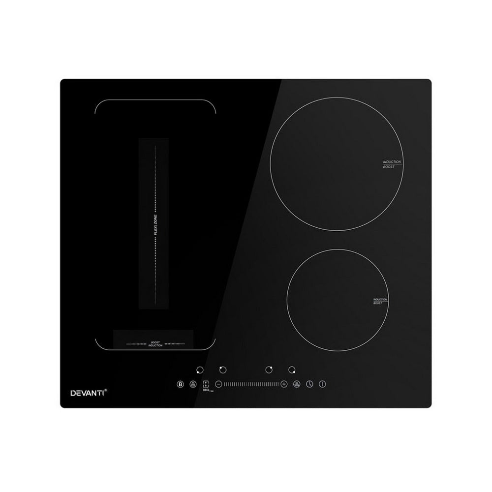 60 cm black ceramic glass induction cooktop with four cooking zones, top view