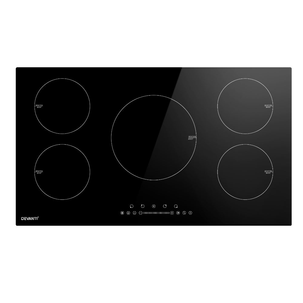 90 cm five zone induction cooktop with black ceramic glass surface and touch controls