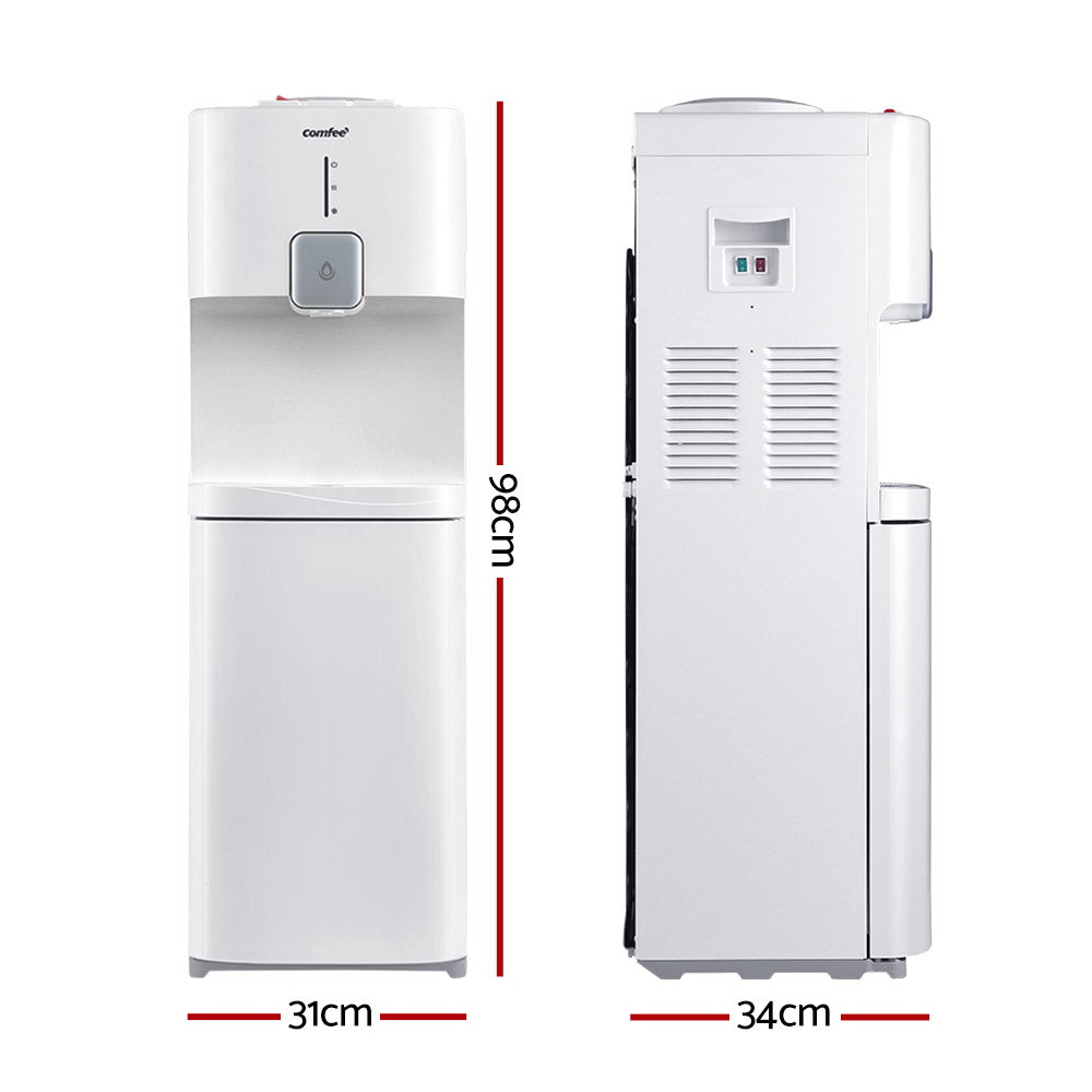 Front view of the white water dispenser showing push button controls and LED indicators