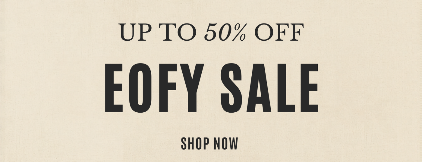 EOFY sale advertisement with text 'Up to 50% off' on a beige background
