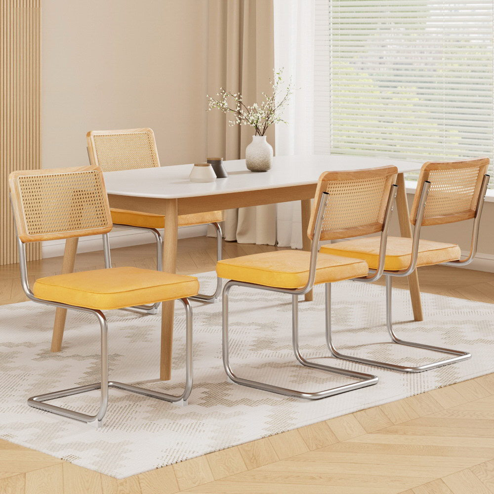Artiss Felix Velvet Rattan Cantilever Dining Chairs — Set of 4, Yellow — Allure Home Collections