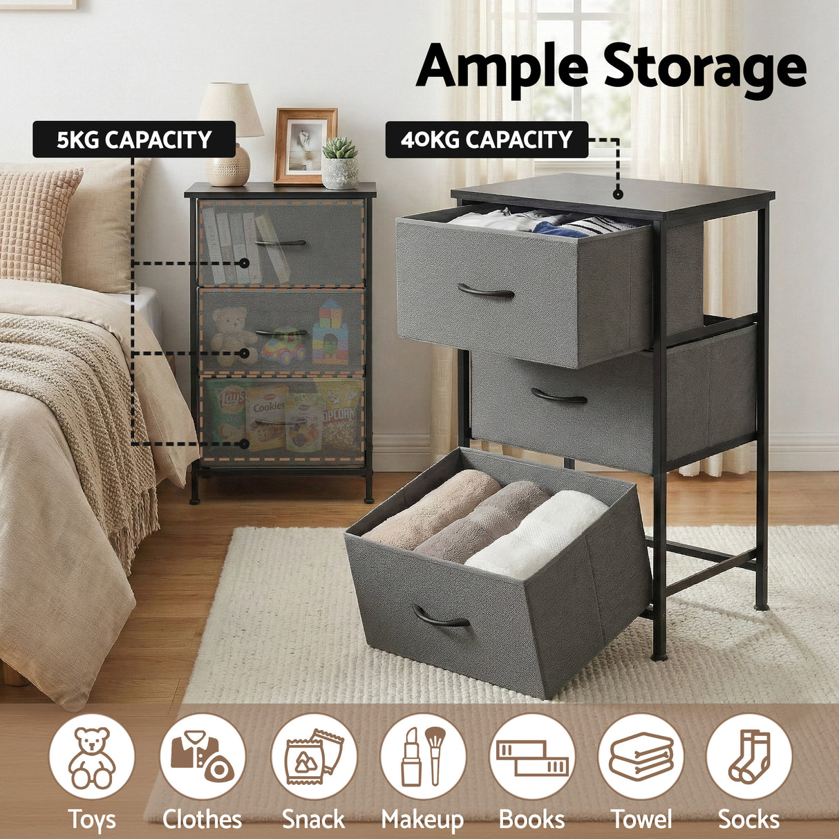 Wingello 3 Drawer Chest of Drawers, Grey 2pcs