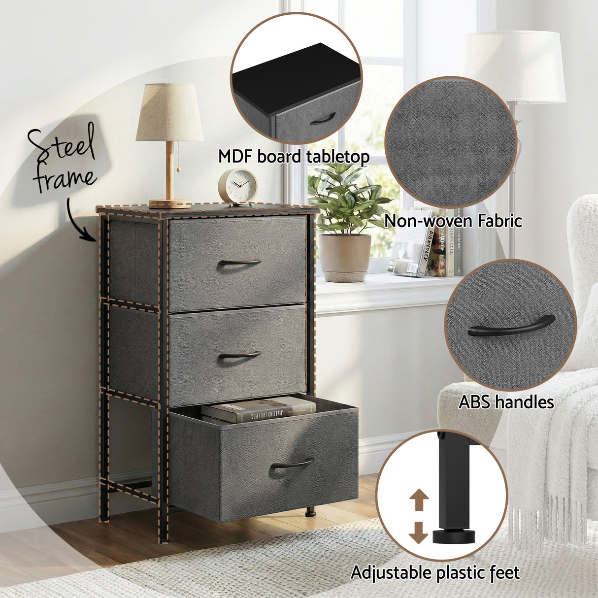Wingello 3 Drawer Chest of Drawers, Grey 2pcs
