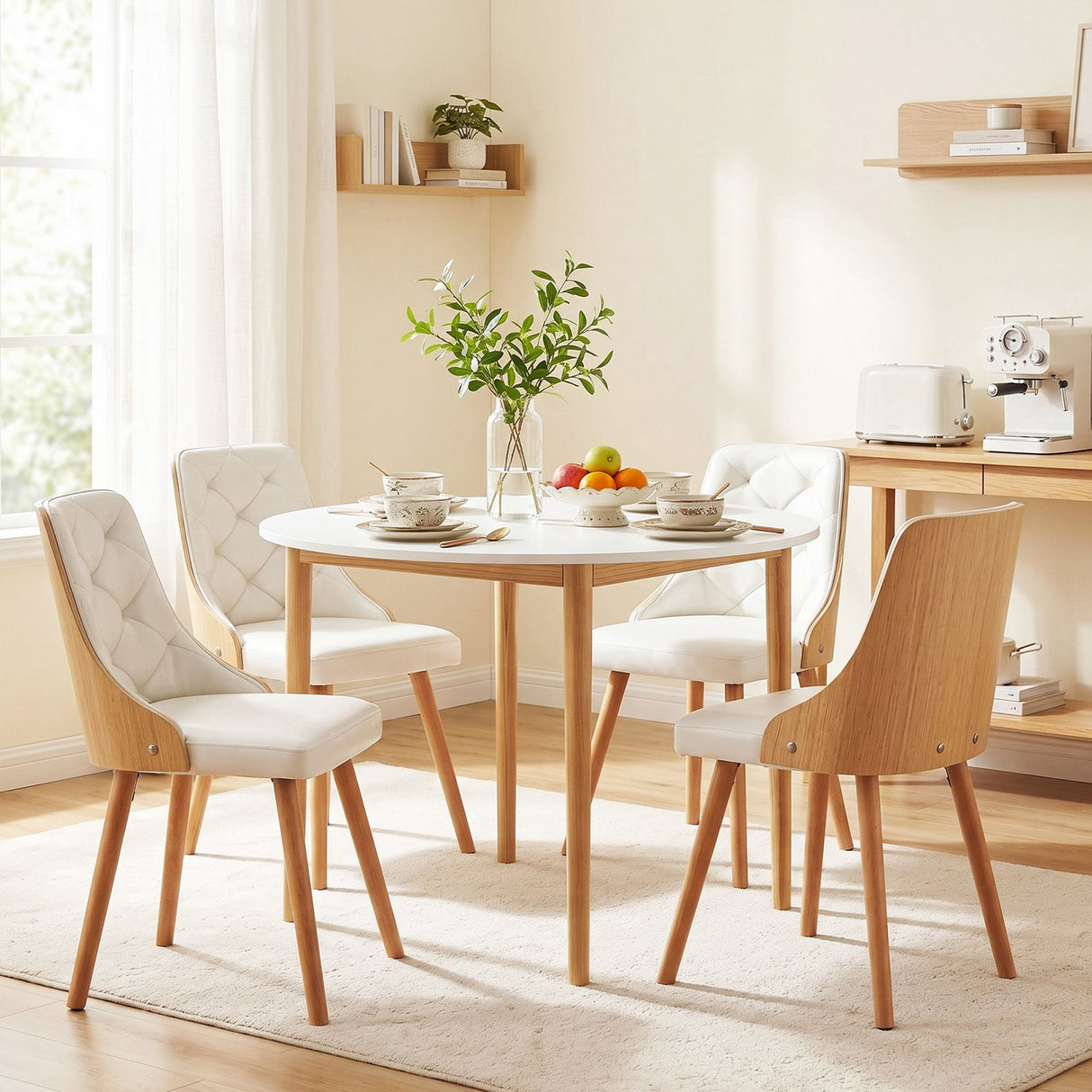 Woodside 5 Piece Round Dining Set, White Leather