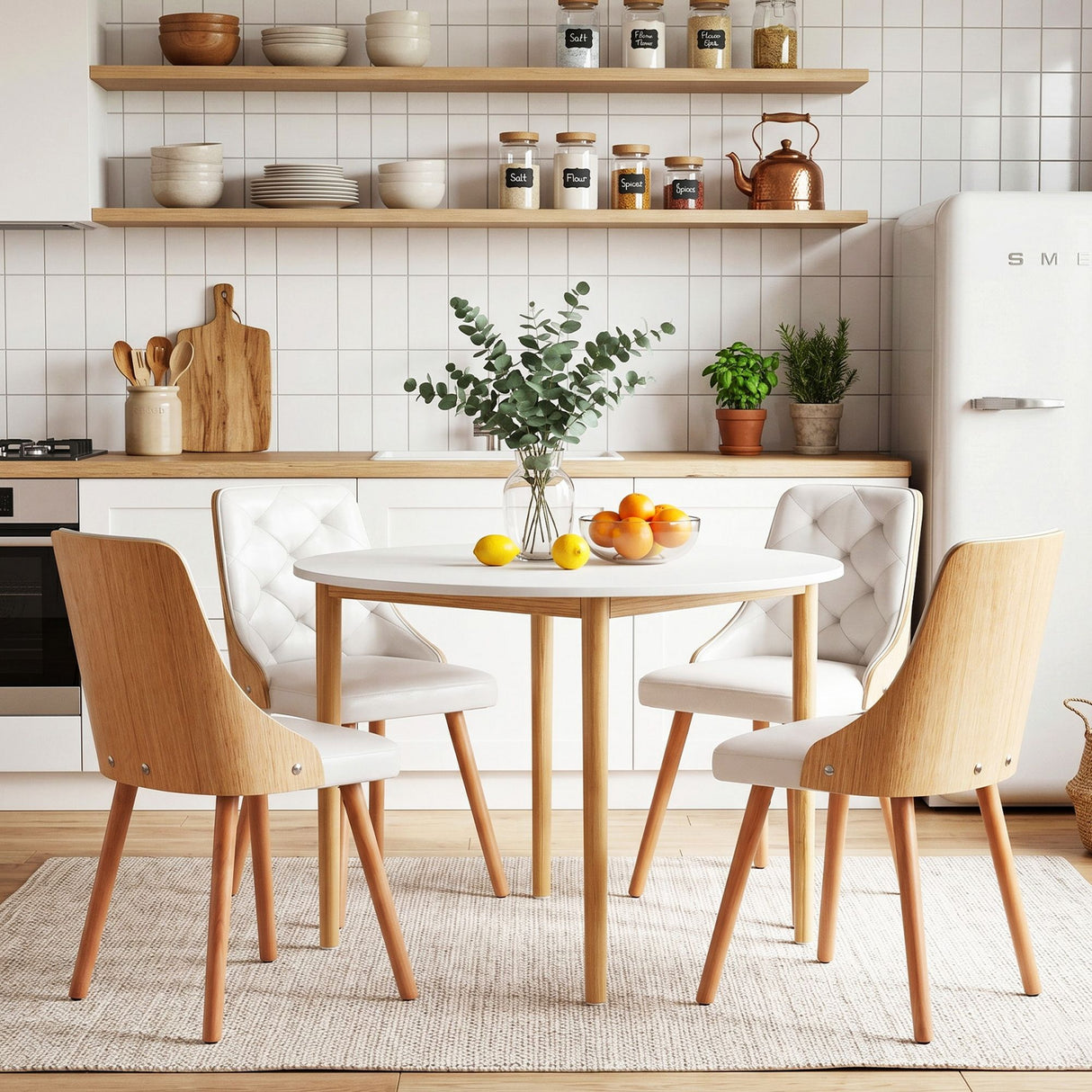 Woodside 5 Piece Round Dining Set, White Leather