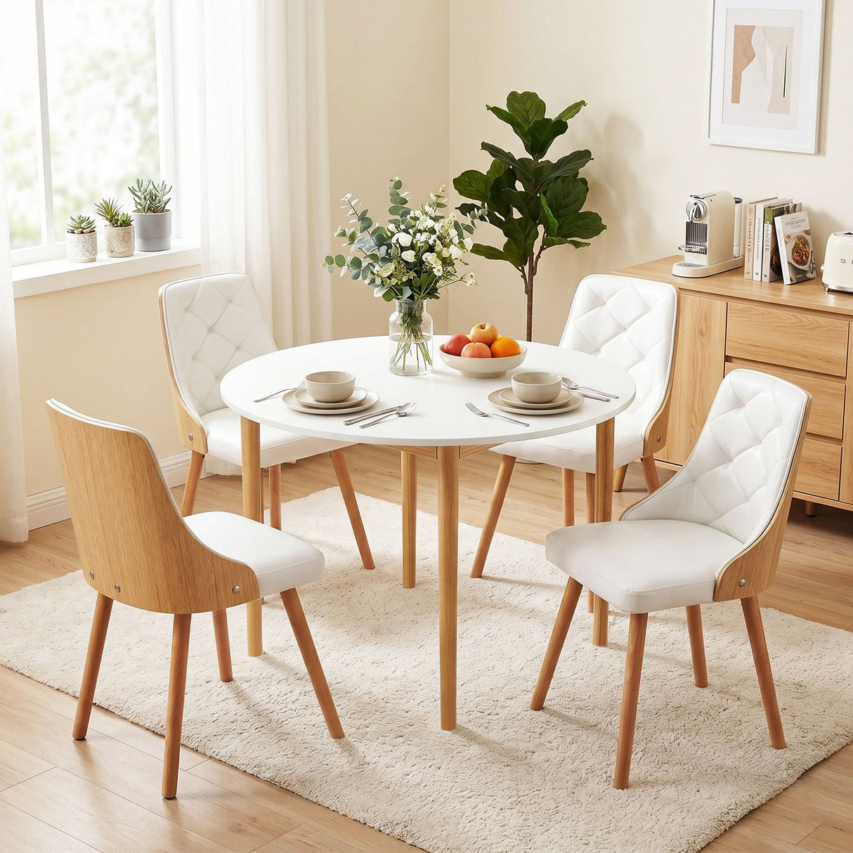 Woodside 5 Piece Round Dining Set, White Leather