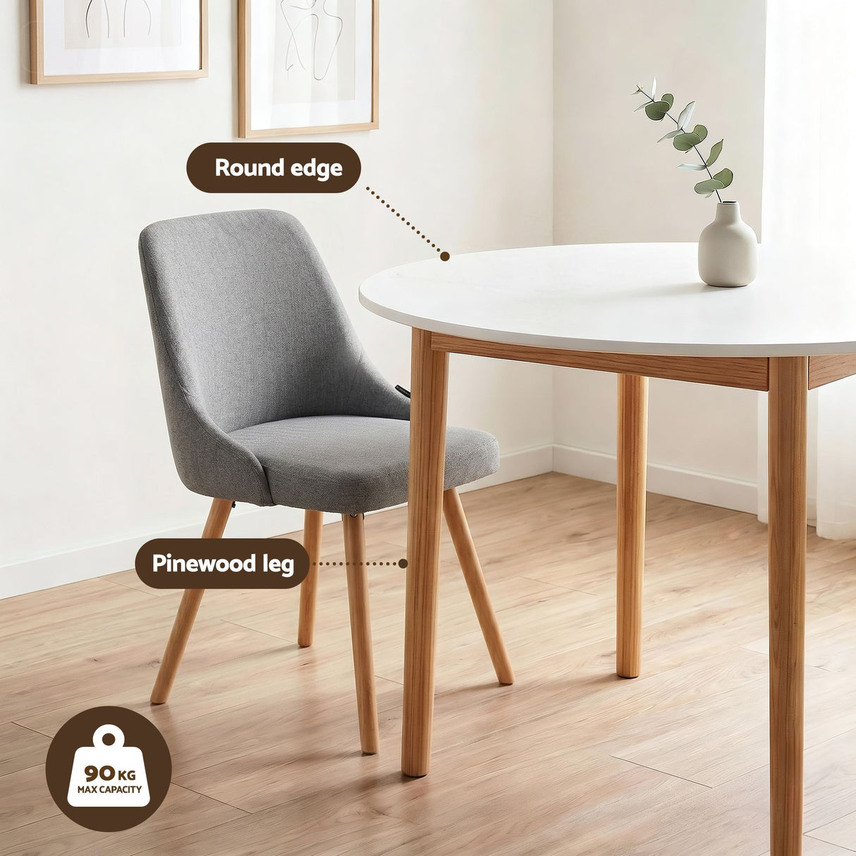 Woodside 5 Piece Round Dining Set, White and Grey Fabric